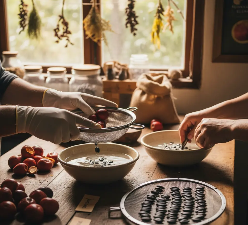 Sementes secando em uma peneira